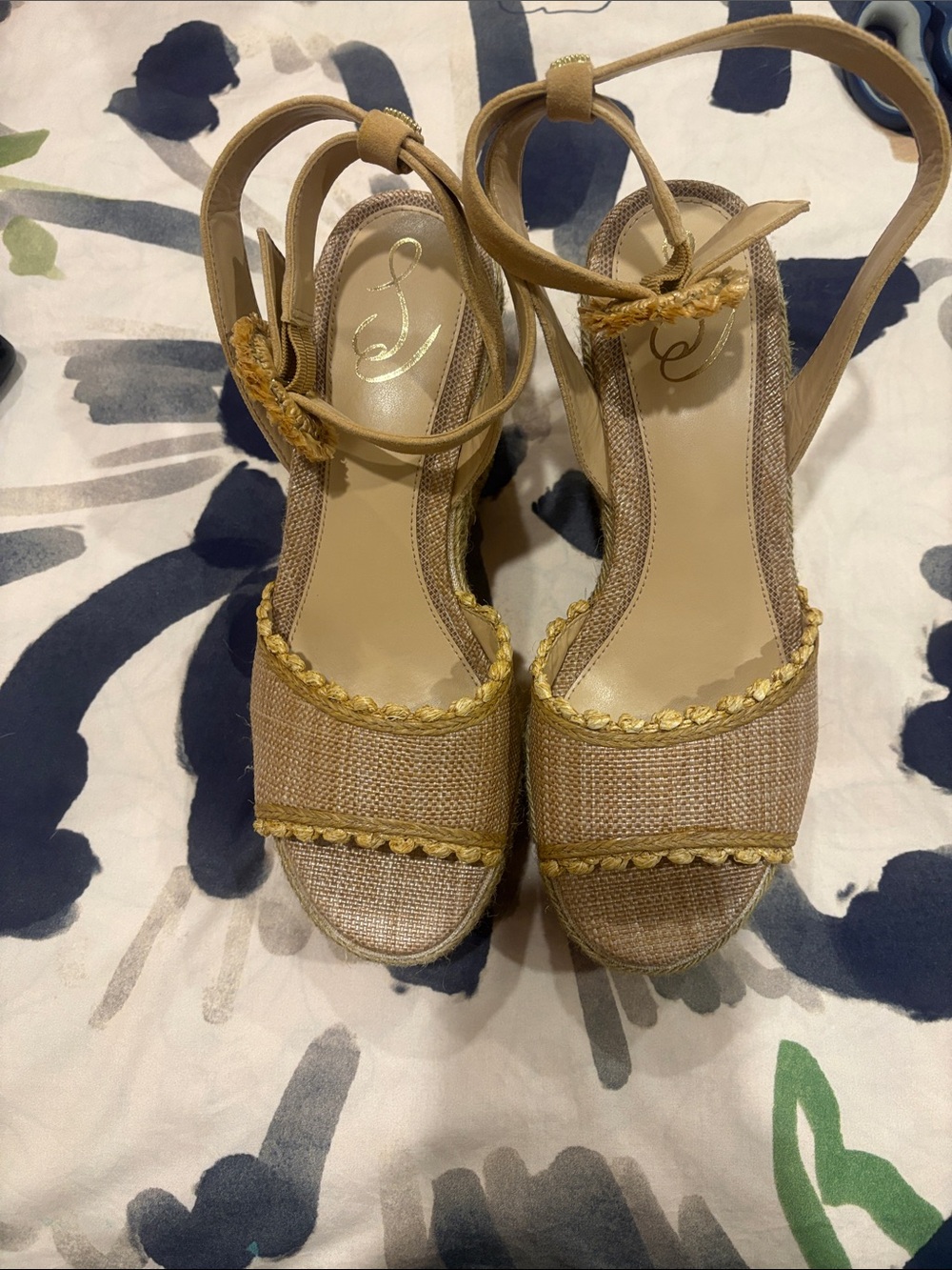 Sam Edelman Tan Wedge Espadrilles with Gold Braid Trim